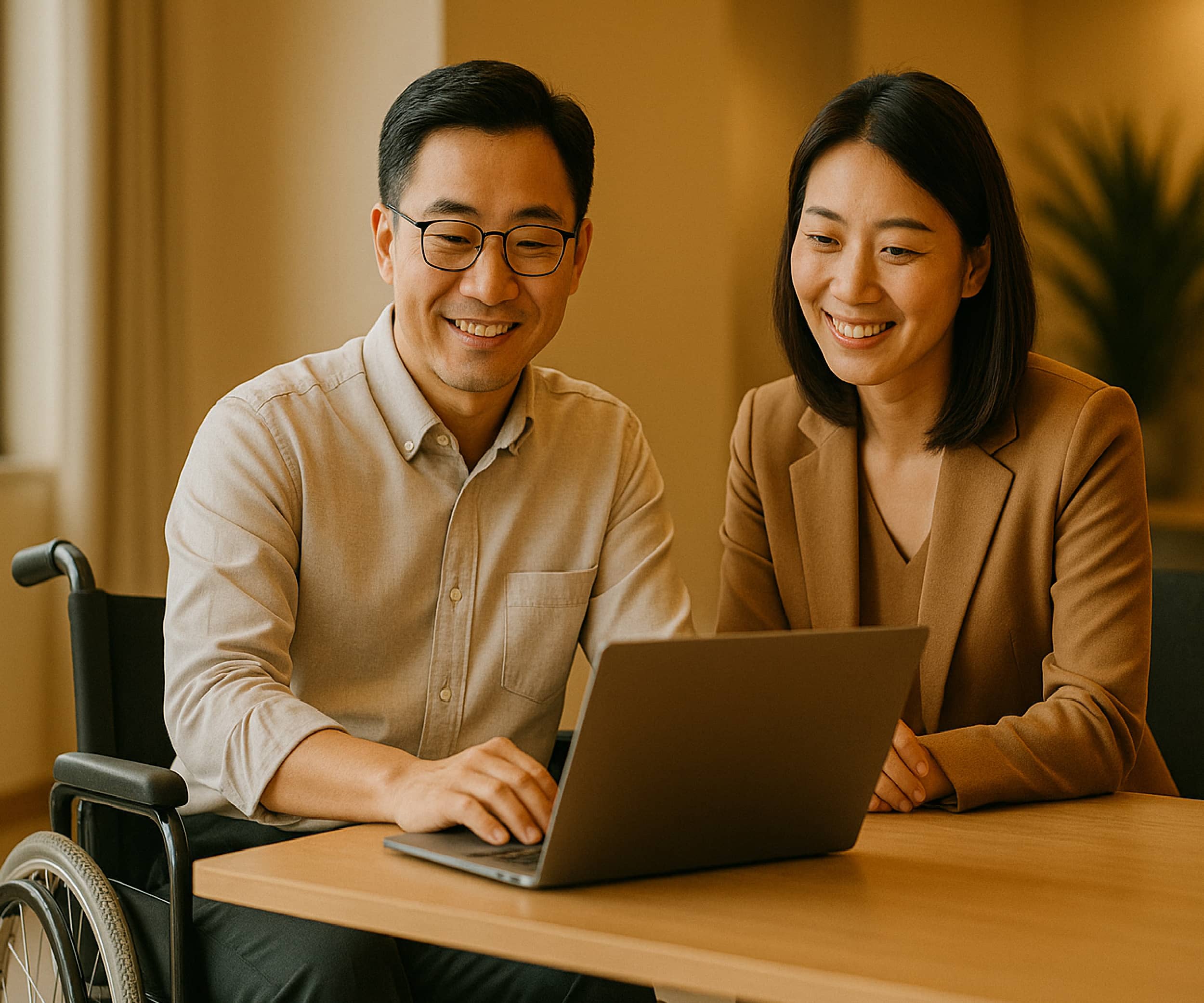 一位使用轮椅的专业人士在现代办公室中与同事微笑协作